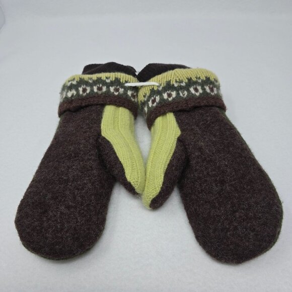Handcrafted Wool Blend Knit Mittens Brown & Green Nordic Pattern Cuffs Adult M/L - Picture 3 of 8